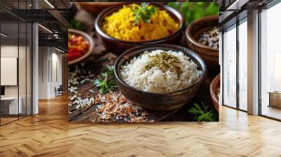  a table topped with bowls filled with different types of food next to a bowl of rice and seasoning on top of a wooden table. Wall mural