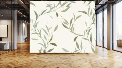  a wallpaper with a pattern of green leaves on a white background.  generative ai Wall mural