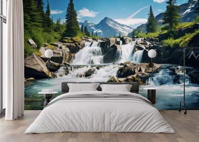  a waterfall with a mountain in the background and trees around it.  generative ai Wall mural