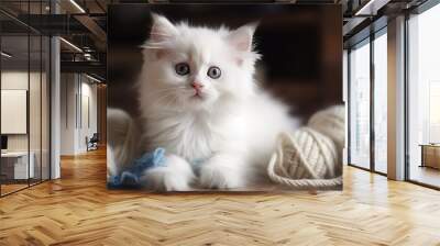  a white kitten sitting on top of a wooden floor next to balls of yarn and a ball of yarn on the floor next to it.  generative ai Wall mural