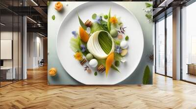  a white plate topped with a vegetable and other food on top of a green table cloth next to flowers and a leafy green plant.  generative ai Wall mural