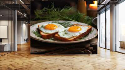  a white plate topped with two eggs on top of a piece of bread next to a bowl of water and a candle.  generative ai Wall mural