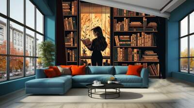  a woman standing in front of a book shelf filled with books and looking at a book in the window of a library with a full bookcase behind her is a window with bookshelves. Generative AI  Wall mural