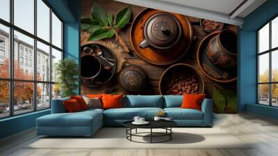  a wooden table topped with three tea pots and two cups filled with coffee beans.  generative ai Wall mural