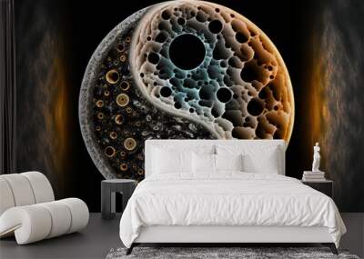  a yin - yang symbol with bubbles and bubbles on it's surface, in a dark background with a yellow border around the center and center of the image is a black circle with a. Wall mural