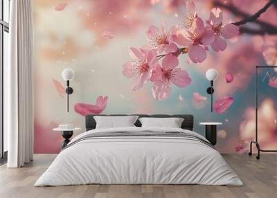   A zoomed-in image of pink blossoms on a tree against a blue backdrop, with some scattered petals in the foreground Wall mural