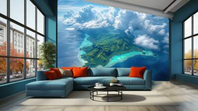  an aerial view of a small island in the middle of the ocean with clouds in the sky over the water. Wall mural