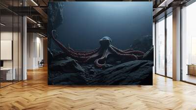   An octopus rests in a cavern, its head submerged and tentacles emerging from its mouth Wall mural