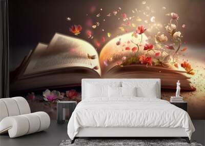  an open book with flowers coming out of it on a table next to petals and petals on the floor, with a light shining on the book.  generative ai Wall mural