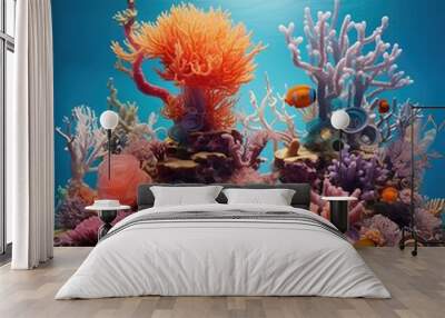  an underwater scene of corals and seaweed in blue water.  generative ai Wall mural