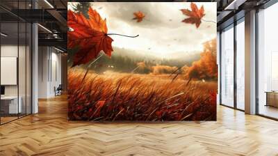   Autumn leaves floating on grass, painting, trees in background Wall mural