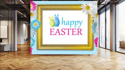 Beautiful happy easter greeting card with flowers of white chamomile, pink and blue gerbera. Gold frame with easter eggs on blue background. Wall mural