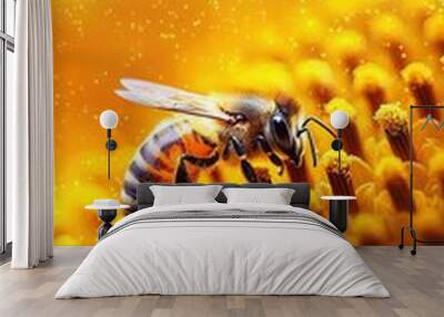   Bee on Sunflower with Honey Combs in Foreground and Background Wall mural