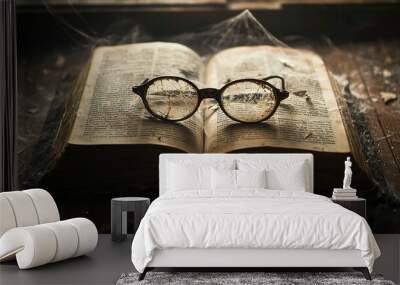   Book with glasses on top of table near spider web Wall mural