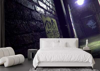   Brick wall, dim light, street lamp Wall mural