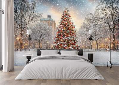   Christmas tree surrounded by snow-covered park with snowflakes falling around it, while buildings can be seen in the backdrop Wall mural