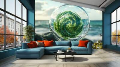   Close-up of a blue glass ball with seaweed inside on a rock near the ocean, surrounded by a clear sky with white clouds Wall mural