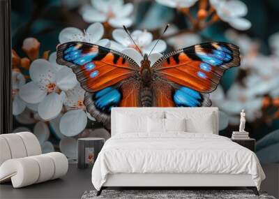   Close-up of a butterfly on a white flower against a blue sky Wall mural