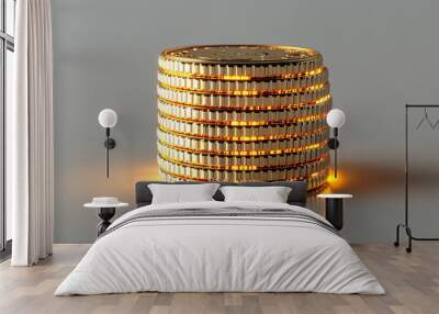   Golden Bitcoin stacks on white table; adjacent Yellow lighted Bitcoin Wall mural