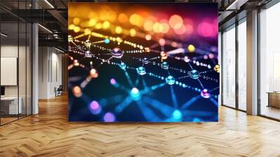  Multicolored image of a network of lines and dots on black background with blurry effect Wall mural