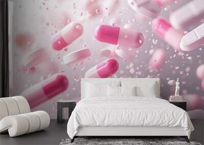   Pink and white pills float in a serene environment, surrounded by a calming color palette of pink and white background and droplets of water Wall mural