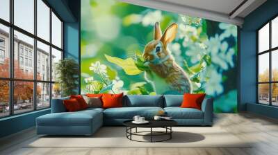   Rabbit nibbles leaf amidst white flowers, lush greenery, and a distant tree Wall mural