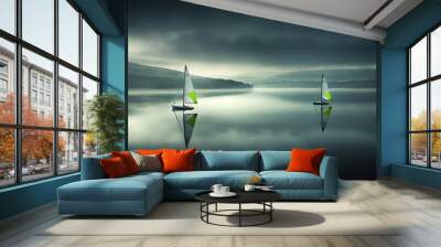   Sailboats float on lake, cloudy sky, mountain backdrop Wall mural