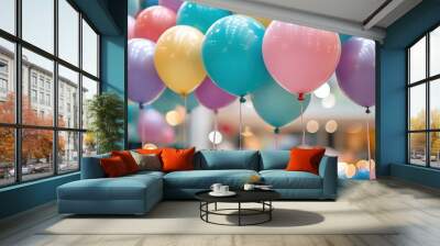   Several balloons dangle from the ceiling, accentuating the room's vibrant decor of blue, yellow, pink, purple, and green Wall mural