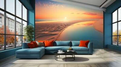  the sun is setting over the water on the beach with sand and sand dunes in the foreground and the horizon in the distance,.  generative ai Wall mural