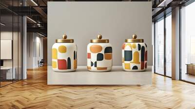  three canisters with different designs on them sitting on a countertop next to a wall and a gray wall behind them with a gold top.  generative ai Wall mural