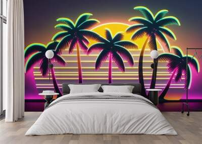  three palm trees in front of a sunset with a neon background.  generative ai Wall mural