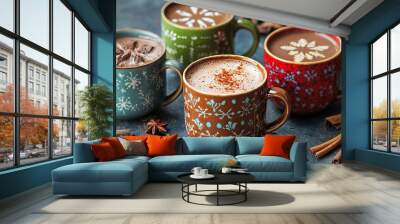   Three steaming cups of hot chocolate garnished with cinnamon and star anise sprinkles on a festive table Wall mural