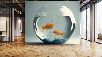  two goldfish in a bowl with bubbles of water on the bottom of the bowl, with a light blue background behind it, and a gray background.  generative ai Wall mural