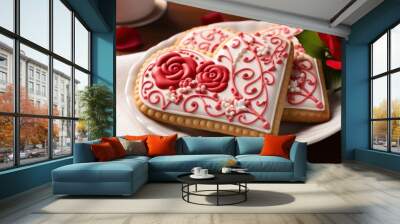  two heart shaped cookies sitting on top of a white plate next to a red rose and a cup of coffee. Wall mural