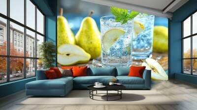   Two pears sitting on a wooden cutting board with a glass of water Wall mural