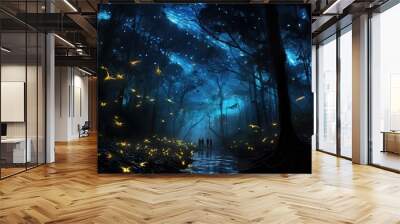  two people standing in the middle of a forest with fireflies.  generative ai Wall mural