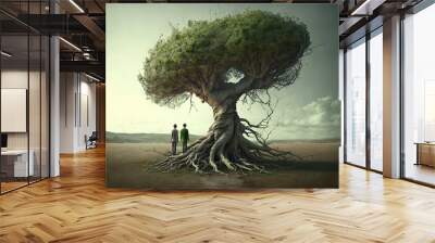  two people standing under a tree with a huge root on it's head and a huge tree with a huge root on it's head.  generative ai Wall mural