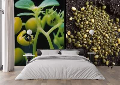  two pictures of plants and seed pods in soil and a picture of seed pods in soil.  generative ai Wall mural