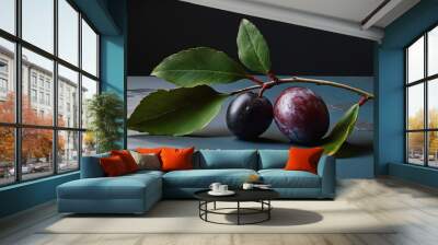  two plums on a branch with leaves on a table.  generative ai Wall mural