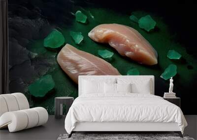  two raw fish fillets on a green surface with sea glass.  generative ai Wall mural