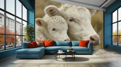   Two white cows stand together on a lush, green field Tall grass stretches out behind them Wall mural