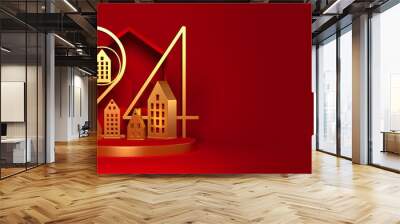 2024 New Year illustration with abstract golden houses. 3D render. Wall mural