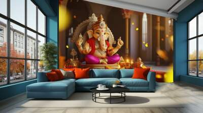 3D Illustration of Ganpati Seated with Traditional Decor - Perfect for Hindu Festival and Religious Posters Wall mural