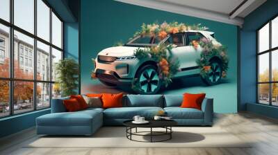 3d transport with botanical elements with simple background. Generative ai illustration Wall mural