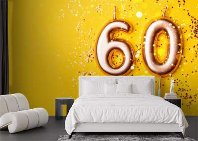 60 years celebration. Greeting banner. Gold candles in the form of number forty on yellow background with confetti. Wall mural