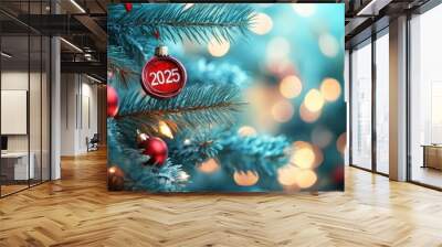 A beautifully adorned Christmas tree features a striking red ornament marked with the year 2025, creating a warm and inviting atmosphere for the holiday celebrations Wall mural