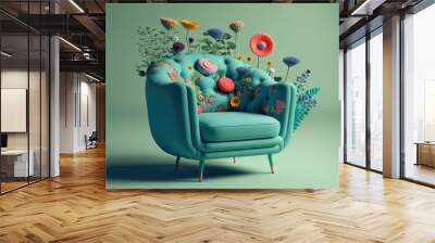 a blue chair with flowers on it and a blue background with a blue frame and a blue wall with a blue chair and a blue wall. Wall mural