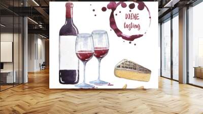 A bottle of red wine with two glasses, cheese for tasting and round wine stains. Watercolor hand drawn illustration Wall mural