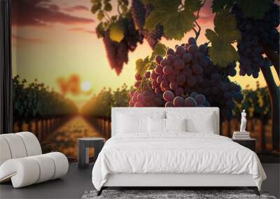 a bunch of grapes are hanging from a vine in a vineyard at sunset or dawn. Generative AI Wall mural