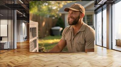 A cheerful man dressed in casual attire is working on an air conditioning unit in a sunny backyard, enjoying the warm summer afternoon Wall mural